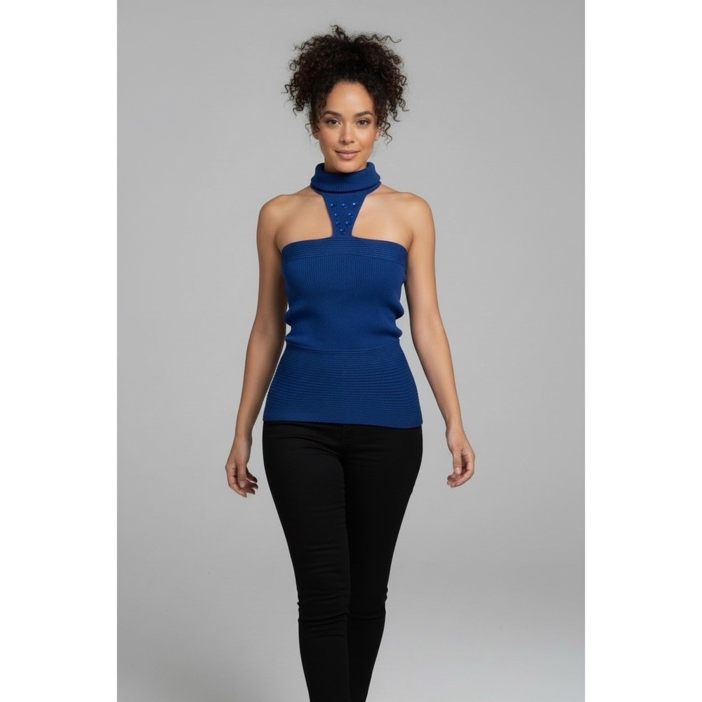 Cache Silk Blend Bright Blue Ribbed Halter Top Rinestone Cutout Y2K 2000s Glam